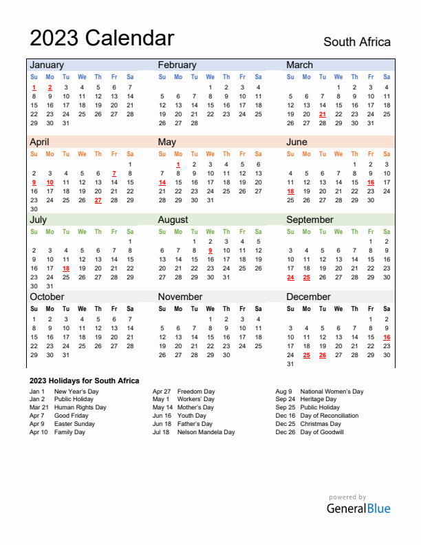 South africa calendar with holidays