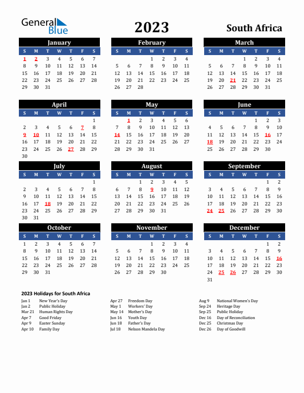 South africa calendar with holidays