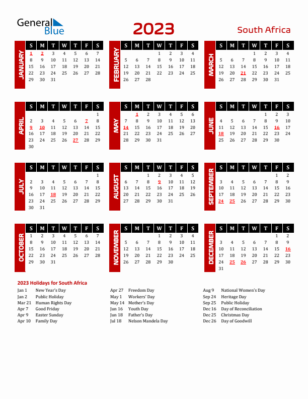 South africa calendar with holidays