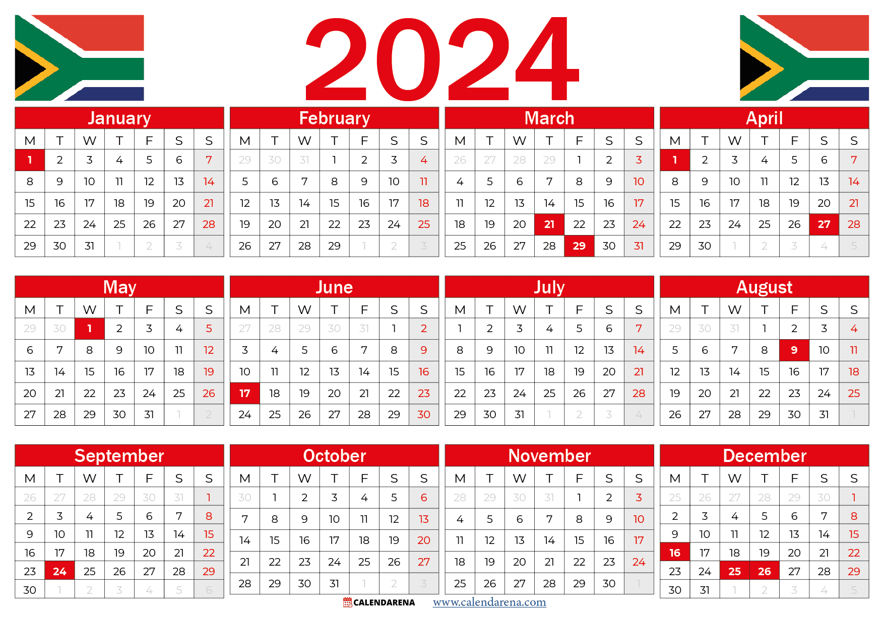 South africa calendar with holidays printable