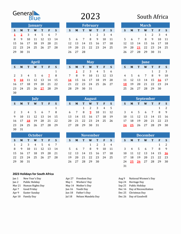 South africa calendar with holidays