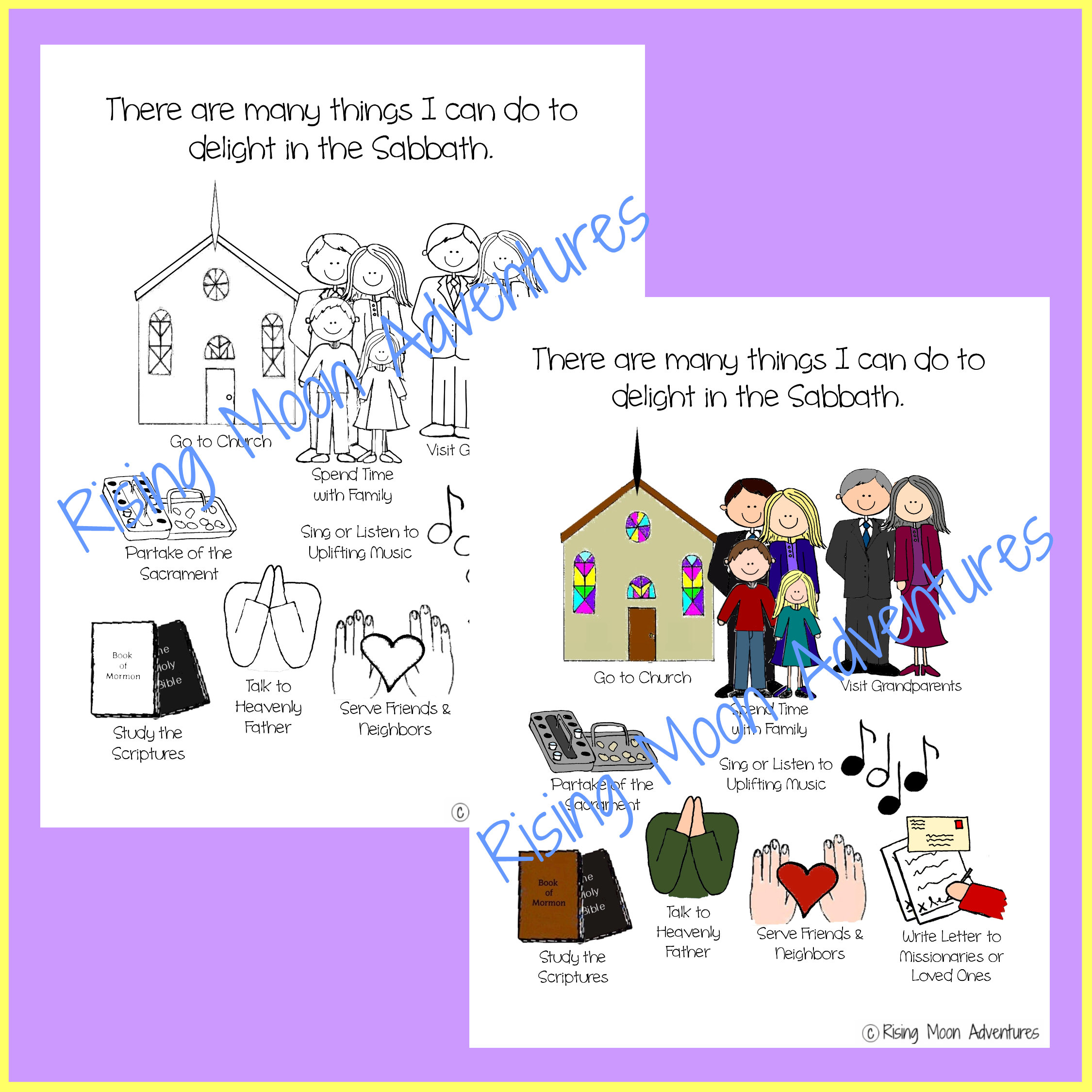 Sabbath day coloring page and colored display page download