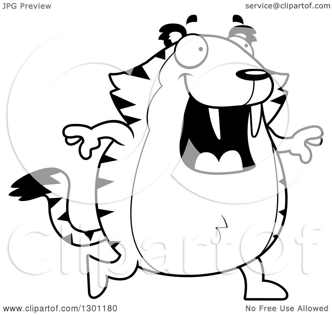 Outline clipart of a black and white cartoon happy chubby sabertooth tiger walking