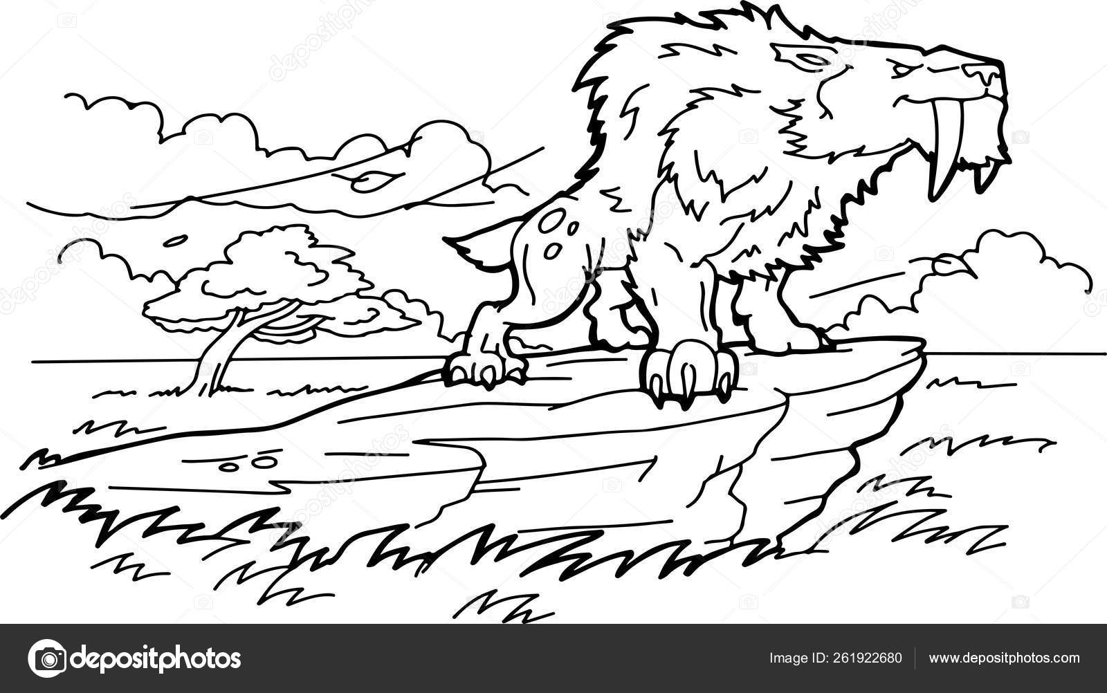 Cartoon saber tooth tiger coloring book stock vector by blackrhino