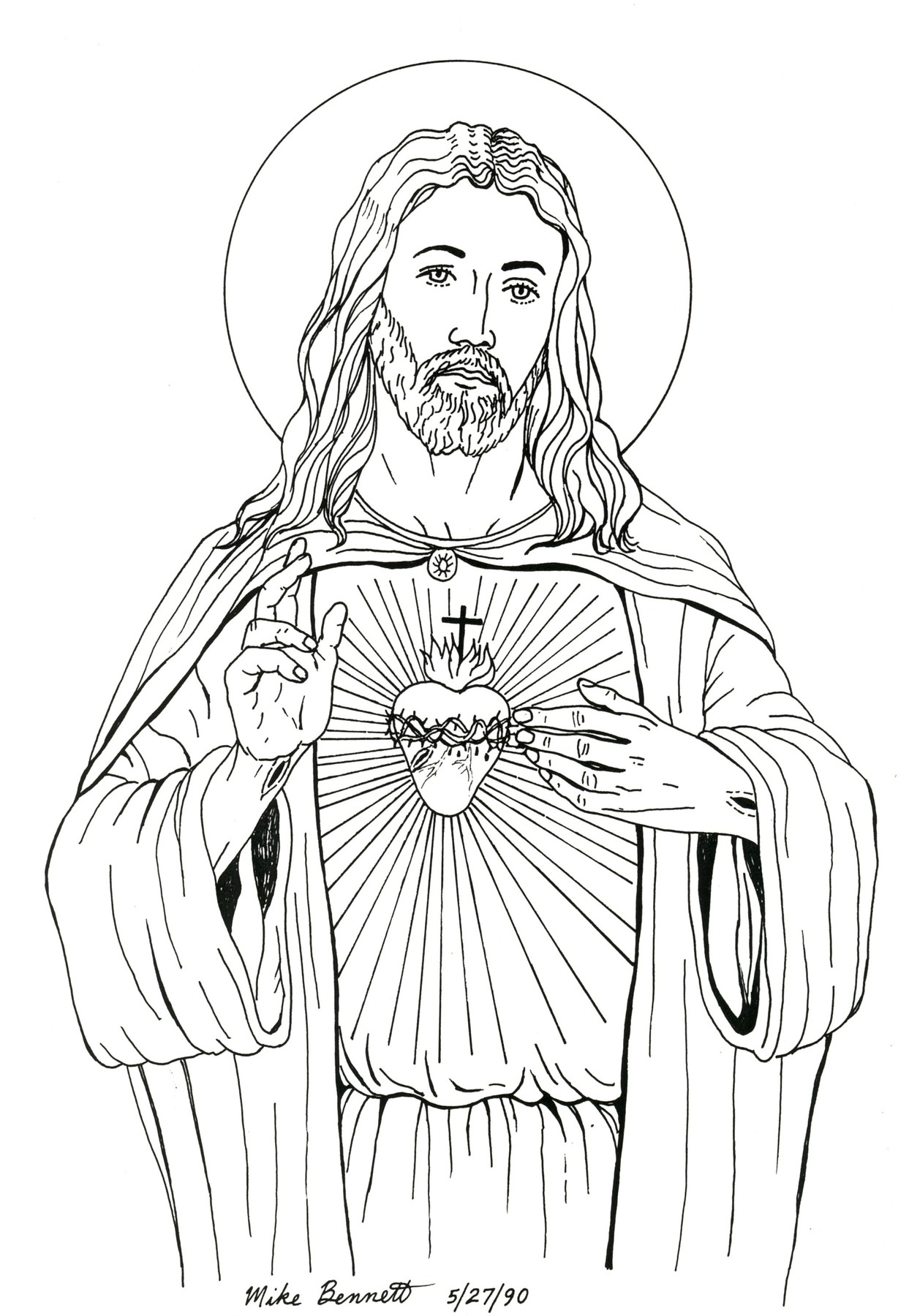 Sacred heart line drawing by mike bennett