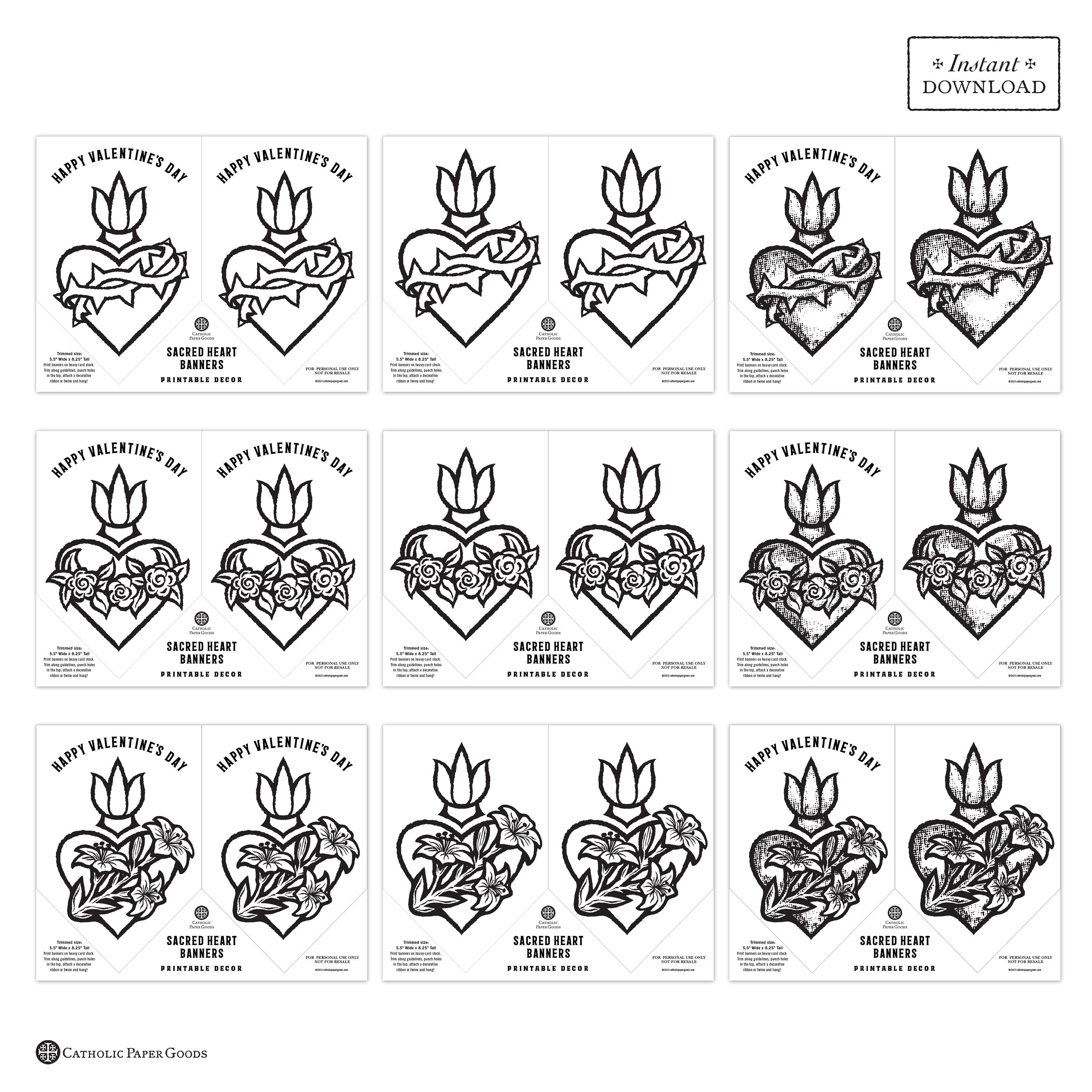 Sacred hearts coloring page valentines day banners printable banners valentine party decor sacred heart banners bw sacred heart of jesus