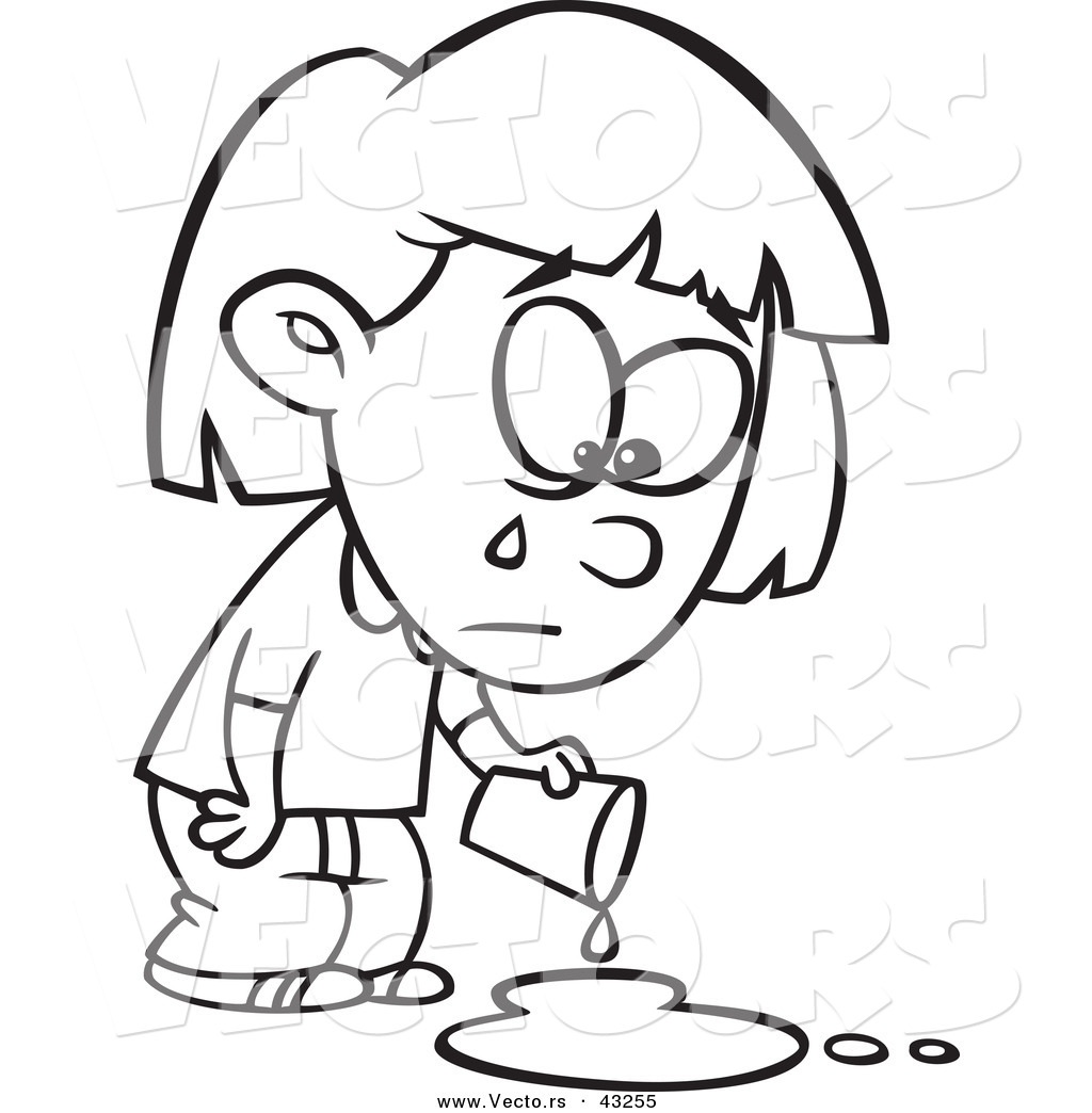 R of a sad cartoon girl crying over a spilled drink