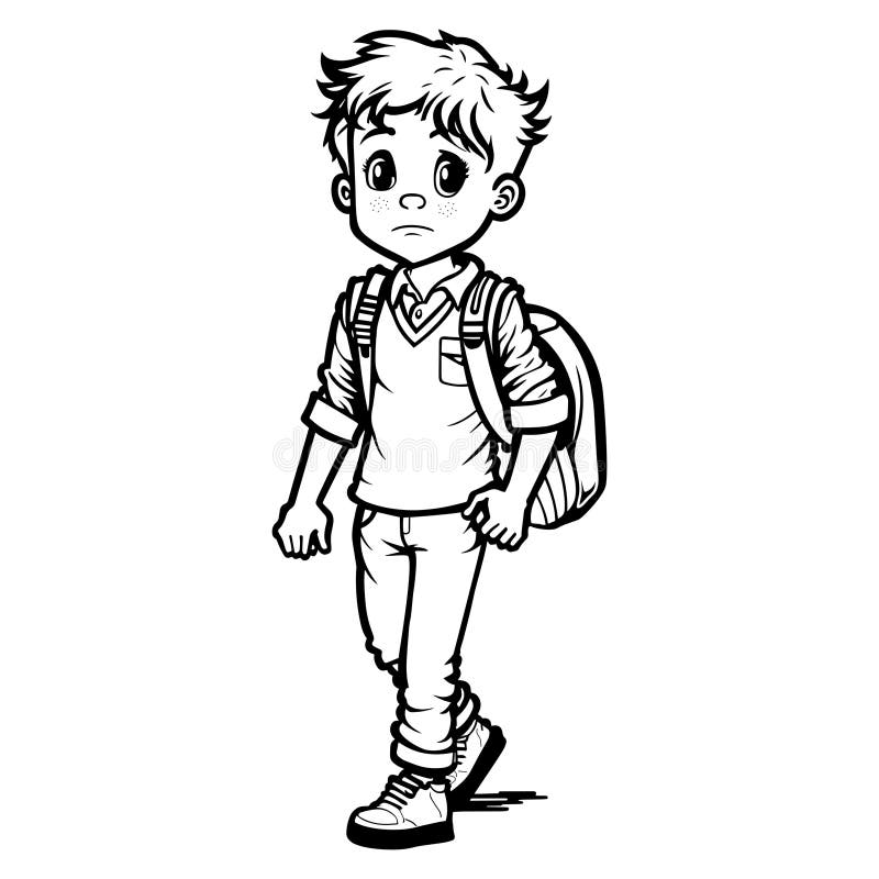 Sad boy with backpack coloring page back to school concept stock vector