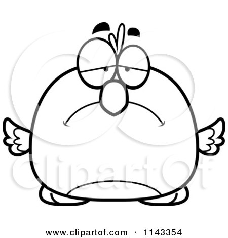 Cartoon clipart of a black and white pudgy sad bird