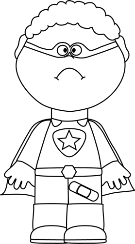 Black and white sad superhero with bandaid clip art