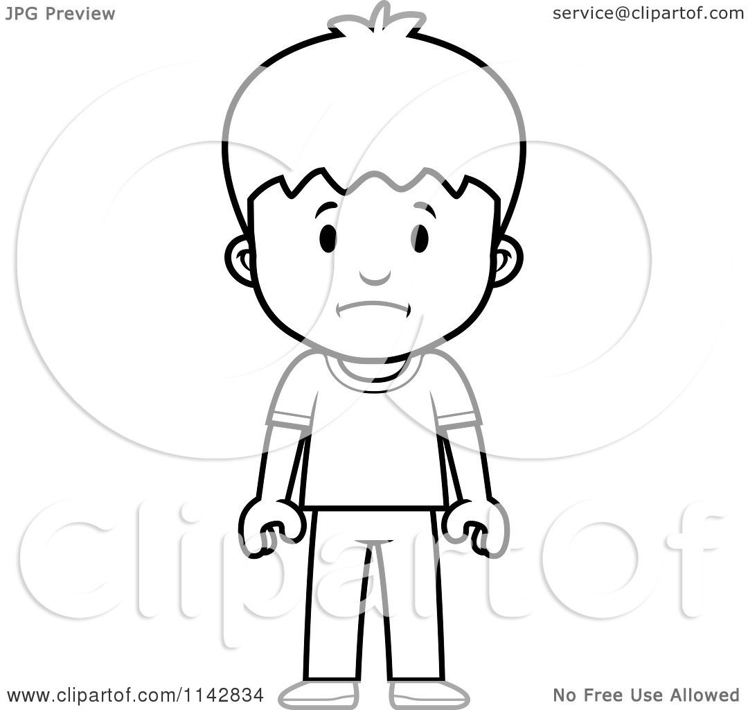 Cartoon clipart of a black and white school boy with a sad expression