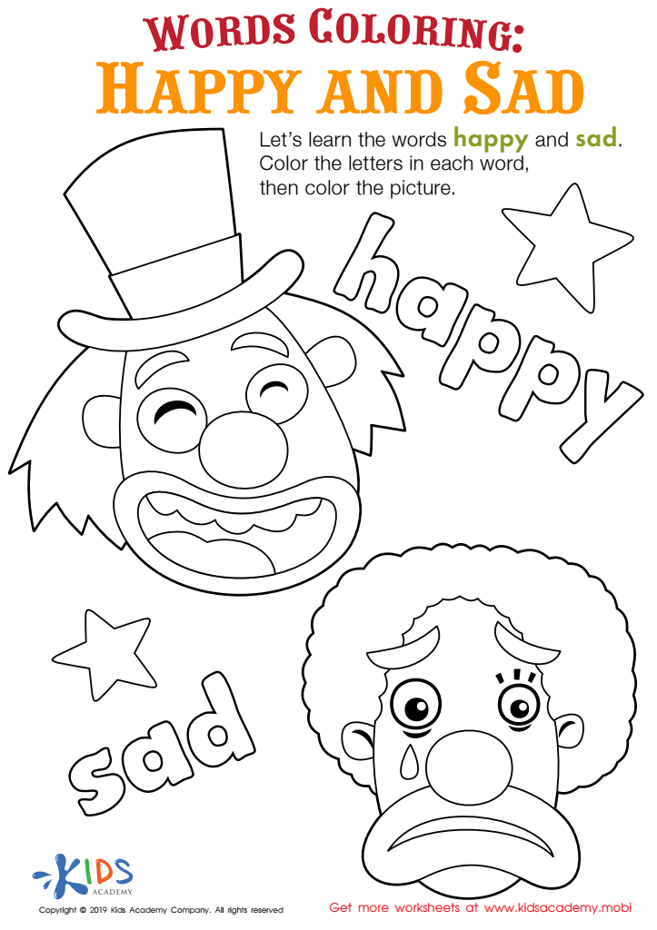 Happy and sad words coloring worksheet free coloring page printout for kids