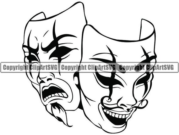 Happy sad masks laugh now cry later clown face gangster biker thug tattoo illustration theatersvg png clipart vector cricut cut cutting