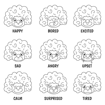 Premium vector vector black and white set with clown faces showing feelings and emotions circus line artists avatars clipart amusement heads icons festival characters coloring page street show ediansxa