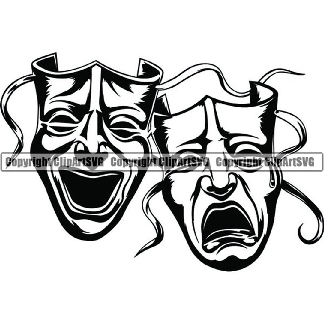 Happy sad masks laugh now cry later clown face gangster biker thug tattoo illustration theatersvg png clipart vector cricut cut cutting