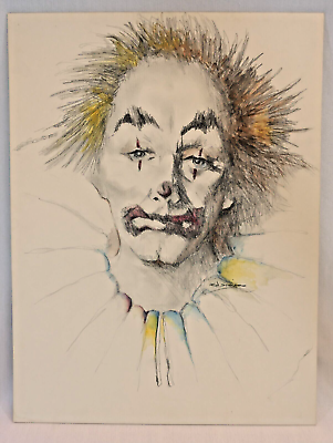 Vintage sad clown canvas water color pencil painting signed r w sinram