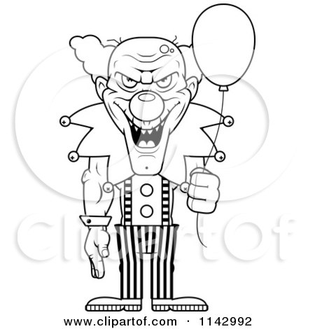 Cartoon clipart of a black and white demonic clown holding a balloon