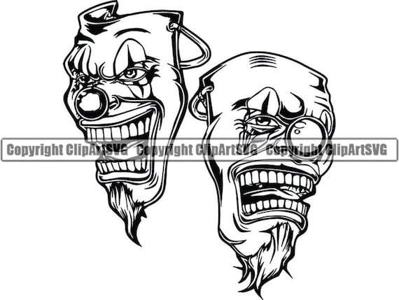 Happy sad masks laugh now cry later clown face gangster biker thug tattoo illustration theatersvg png clipart vector cricut cut cutting