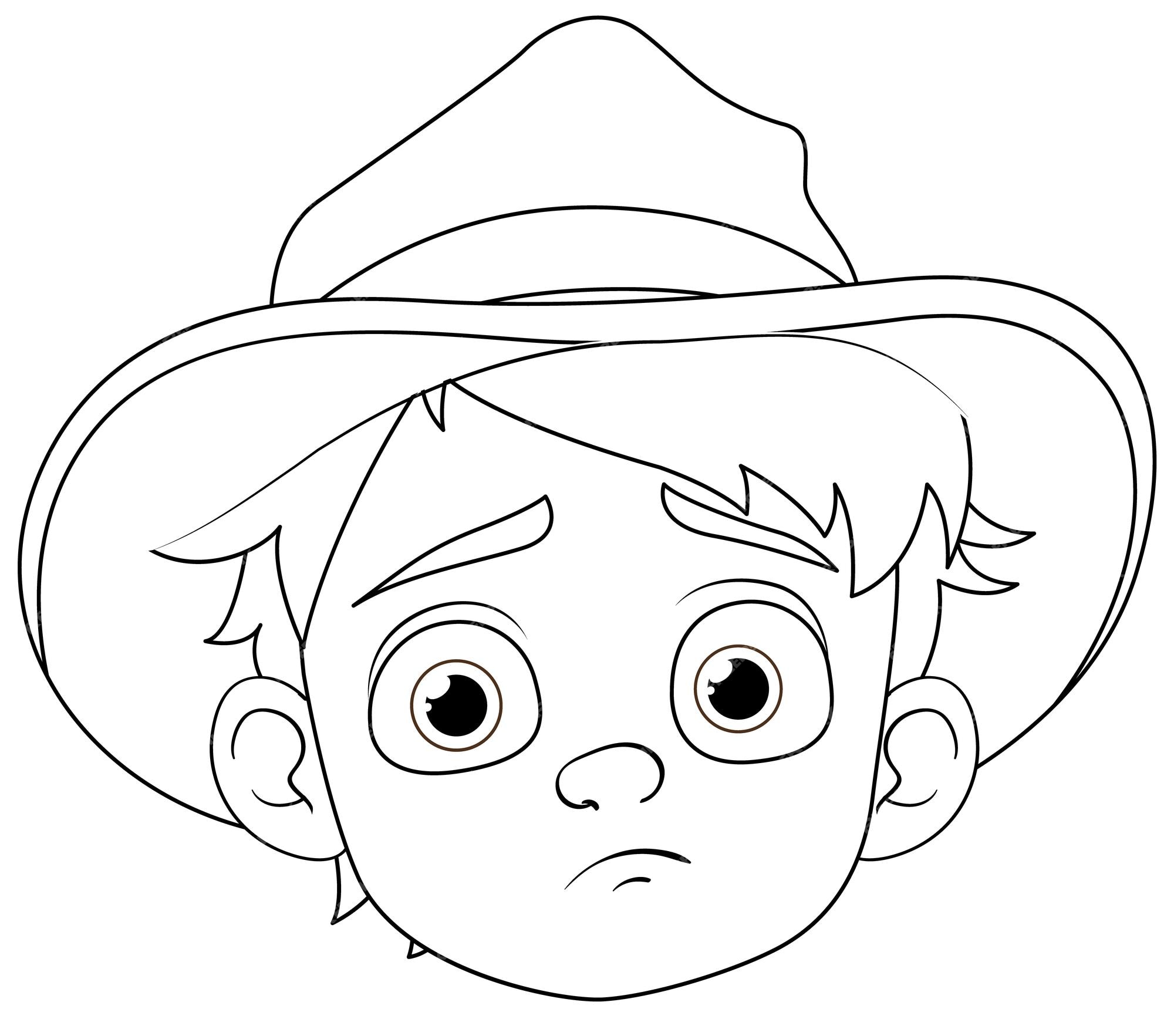 Free vector young cowboy with sad face cartoon outline for coloring pages