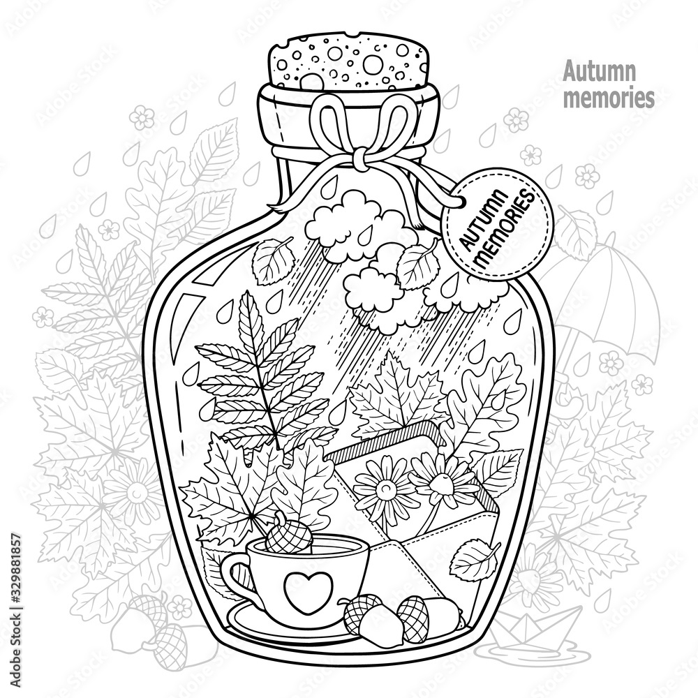 Vecteur vector coloring book for adults a glass vessel with memories of autumn and love a bottle with rain autumn leaves a cup of coffee or tea an envelope with flowers