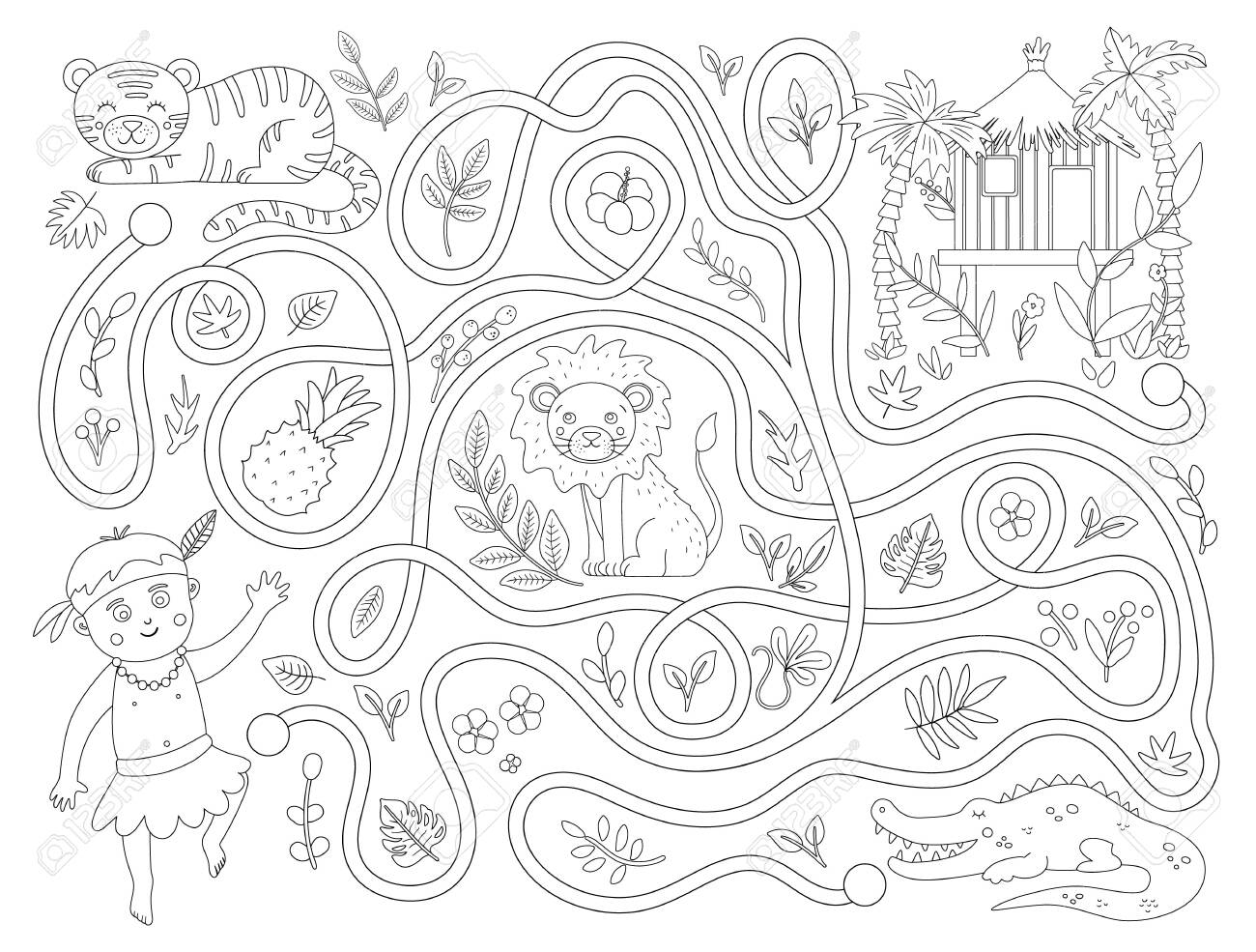 Tropical black and white maze for children preschool exotic activity funny jungle puzzle with cute african animals plants fruit help the boy get to his hoot fun coloring page for kids royalty