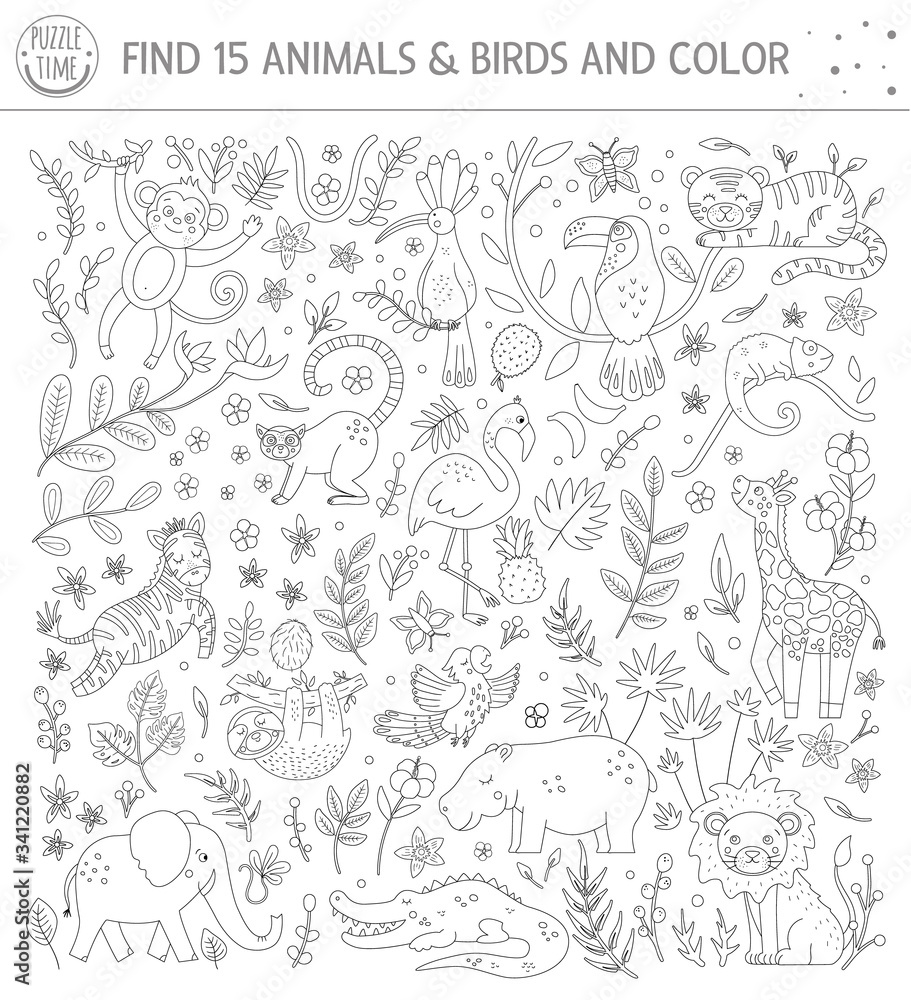 Tropical black and white searching game for children with cute funny characters find hidden animals and birds in the jungle and color fun coloring page for kids vector