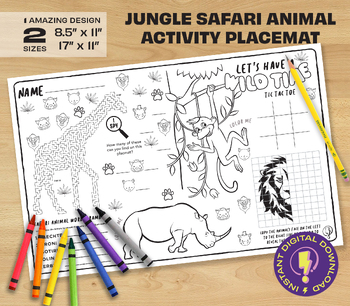 Printable jungle safari party placemat kids birthday puzzle coloring activity