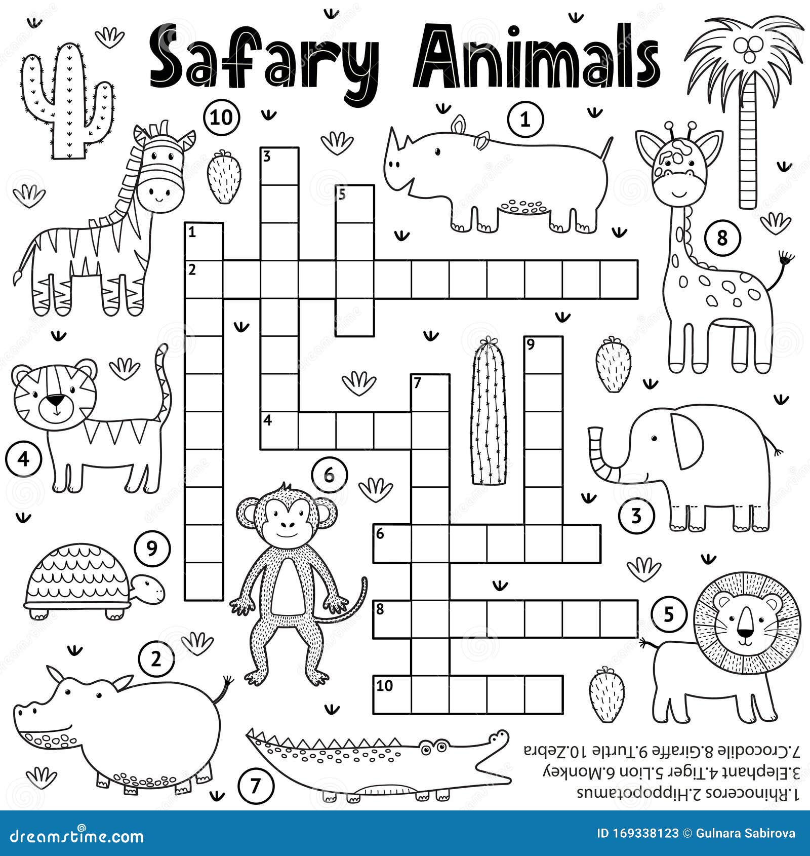 Black and white crossword game for kids with safari animals stock vector