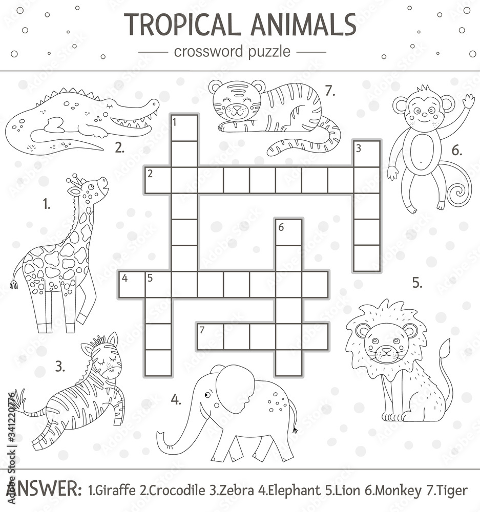 Vector summer crossword puzzle simple quiz with tropical animals for children educational black and white jungle activity with cute funny characters fun coloring page for kids vector