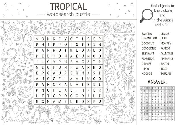 Premium vector summer wordsearch puzzle keyword with tropical animals and birds for children educational black and white jungle crossword activity with cute characters fun coloring page for kids