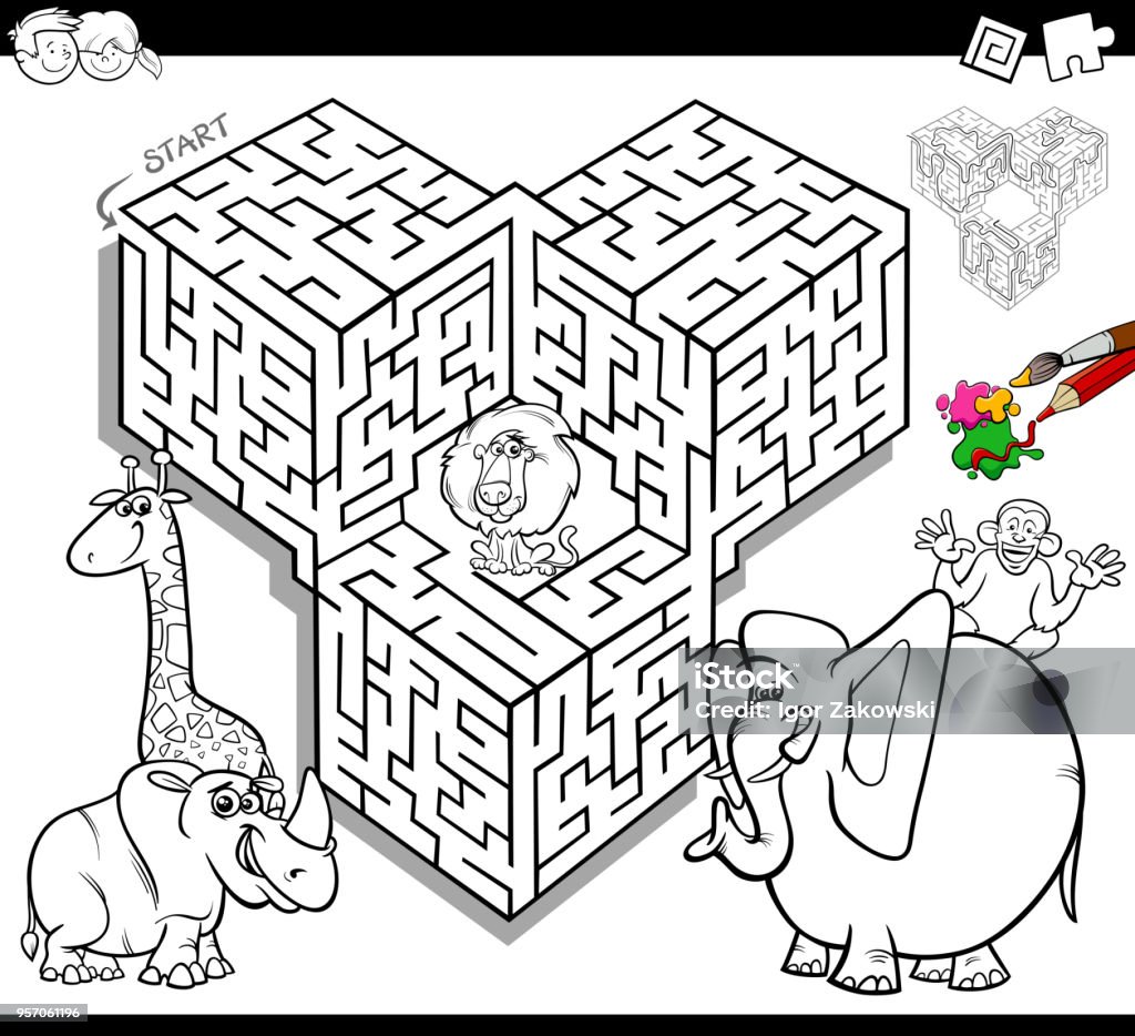 Maze coloring book with safari animals stock illustration