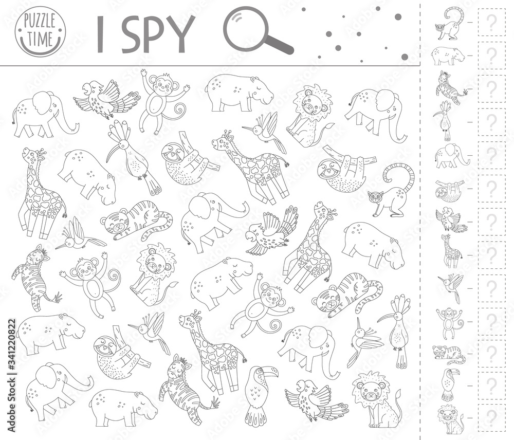 Tropical i spy game exotic searching and counting activity for preschool children with cute animals funny black and white jungle printable worksheet logical quiz fun coloring page for kids vector