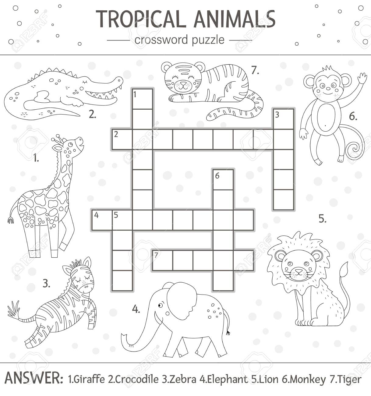 Vector summer crossword puzzle simple quiz with tropical animals for children educational black and white jungle activity with cute funny characters fun coloring page for kids royalty free svg cliparts vectors and