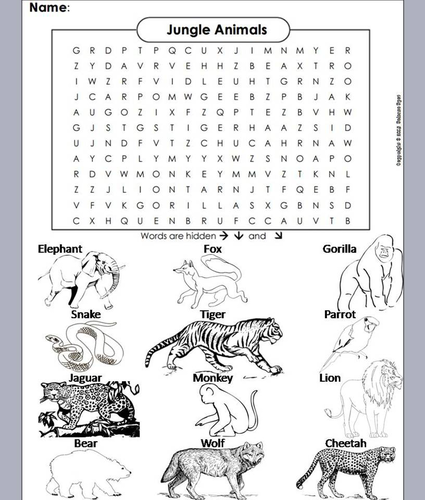 Jungle animals word search coloring book teaching resources