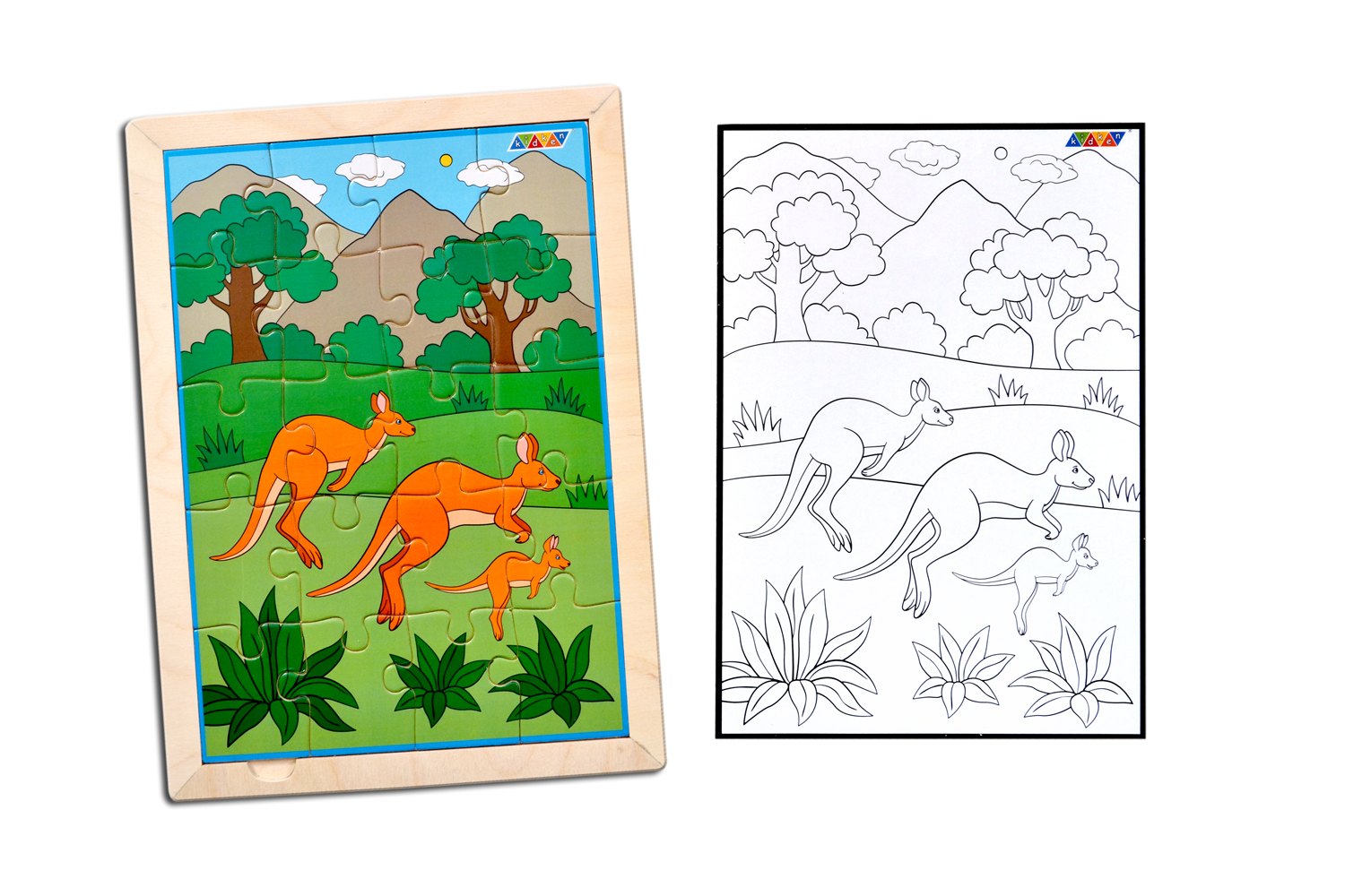 Wood kangaroo family jigsaw puzzle with colouring sheet