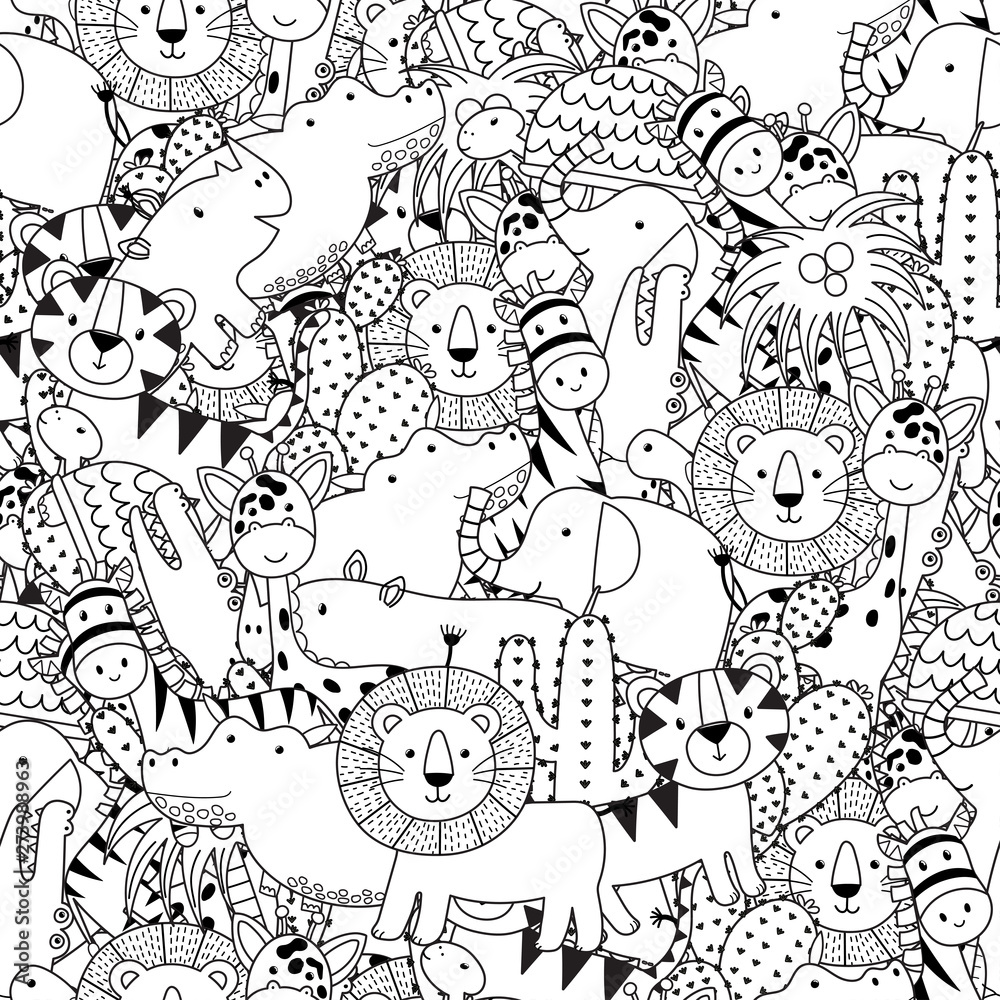 Black and white seamless pattern with adorable safari animals coloring page for adult and kids vector