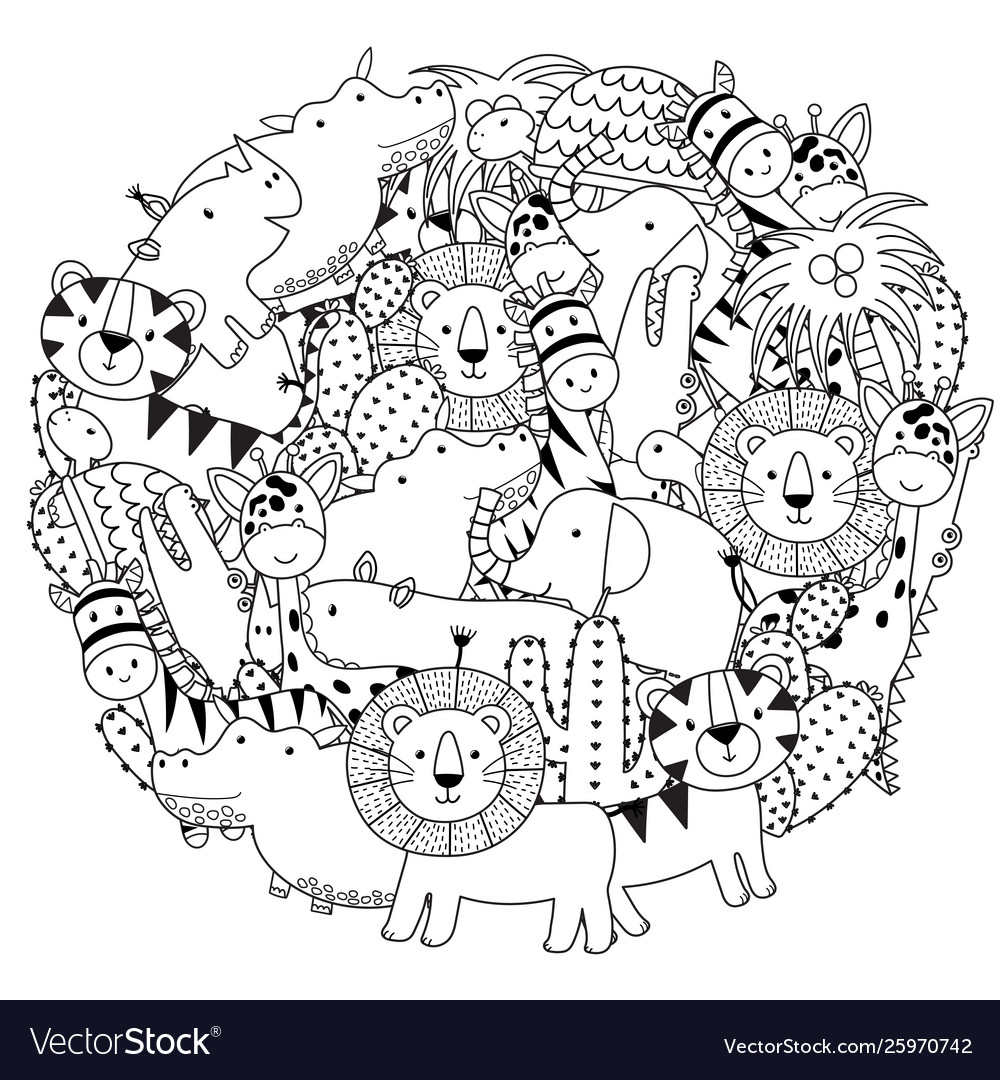 Circle shape coloring page with safari animals vector image