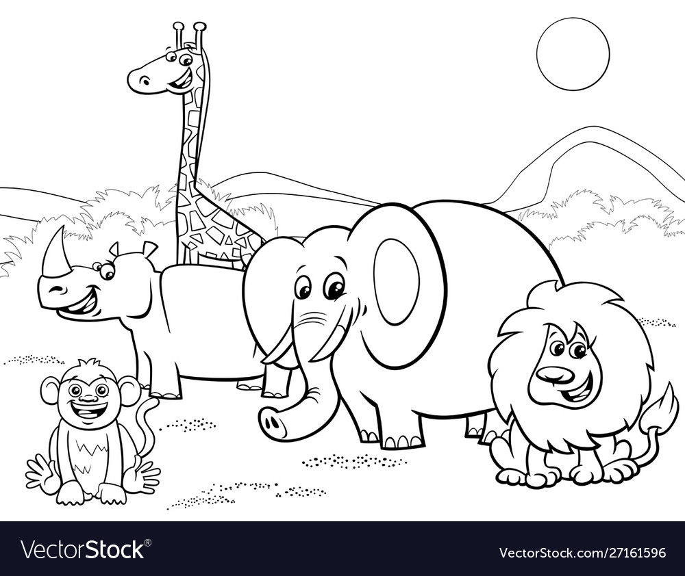 Cartoon safari animals group coloring page vector image