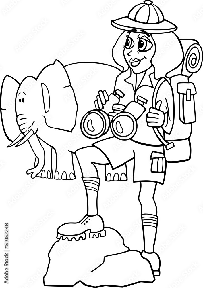 Woman on african safari for coloring book vector