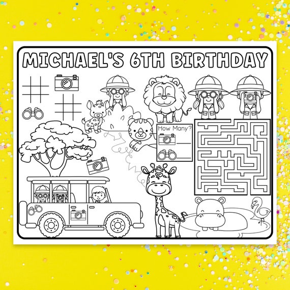 Safari animal birthday coloring page explorer party favor