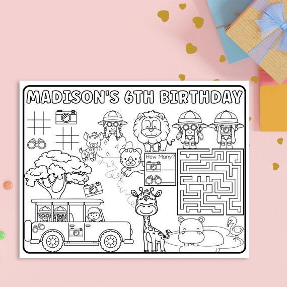 Safari animal birthday coloring page explorer party favor