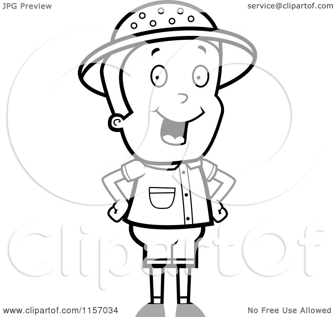 Cartoon clipart of a black and white energetic safari boy standing with his hands on his hips