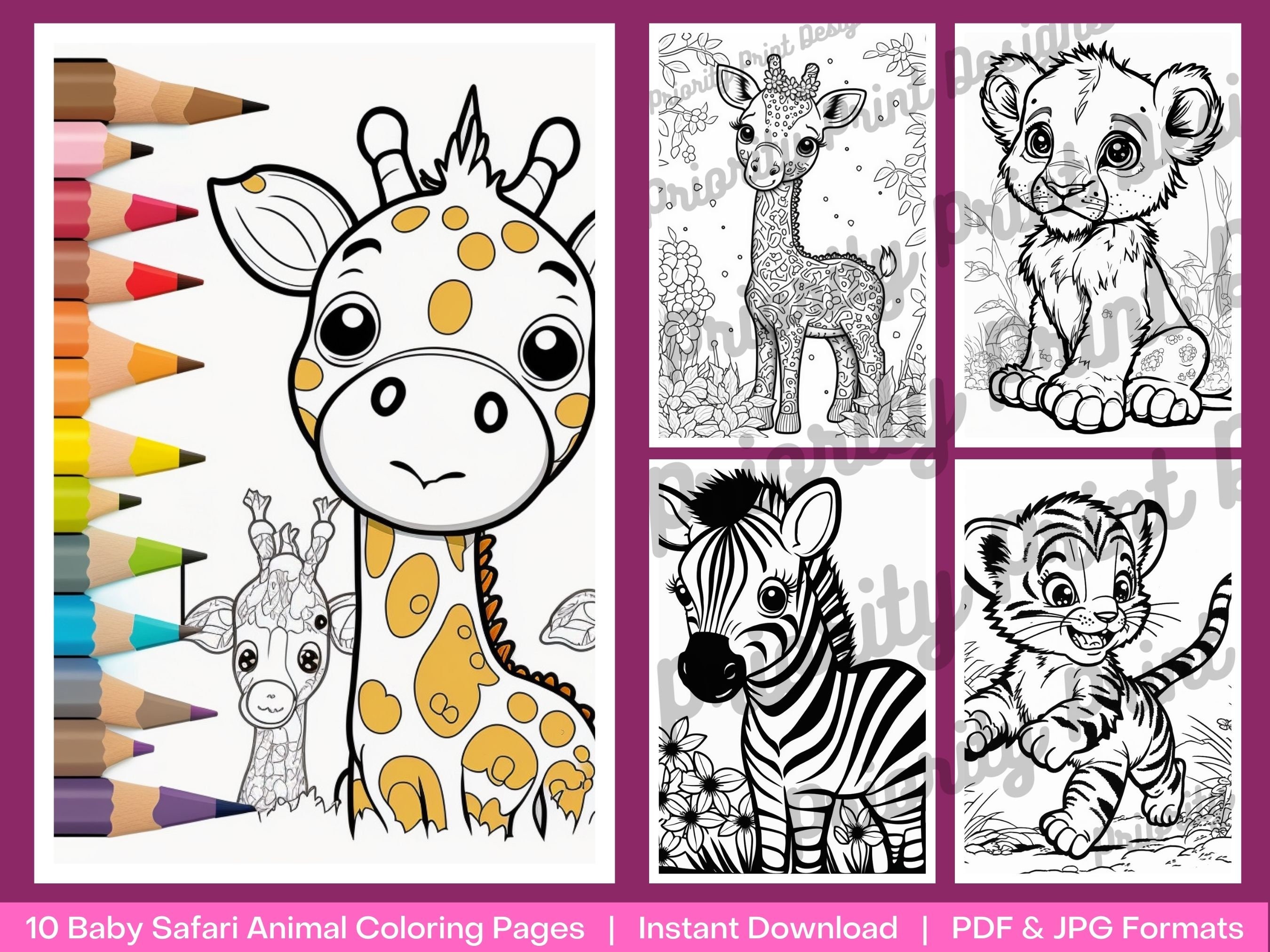 Baby safari animal coloring pages digital download coloring book for kids pdf jpg printable colouring book cute giraffe monkey zebra