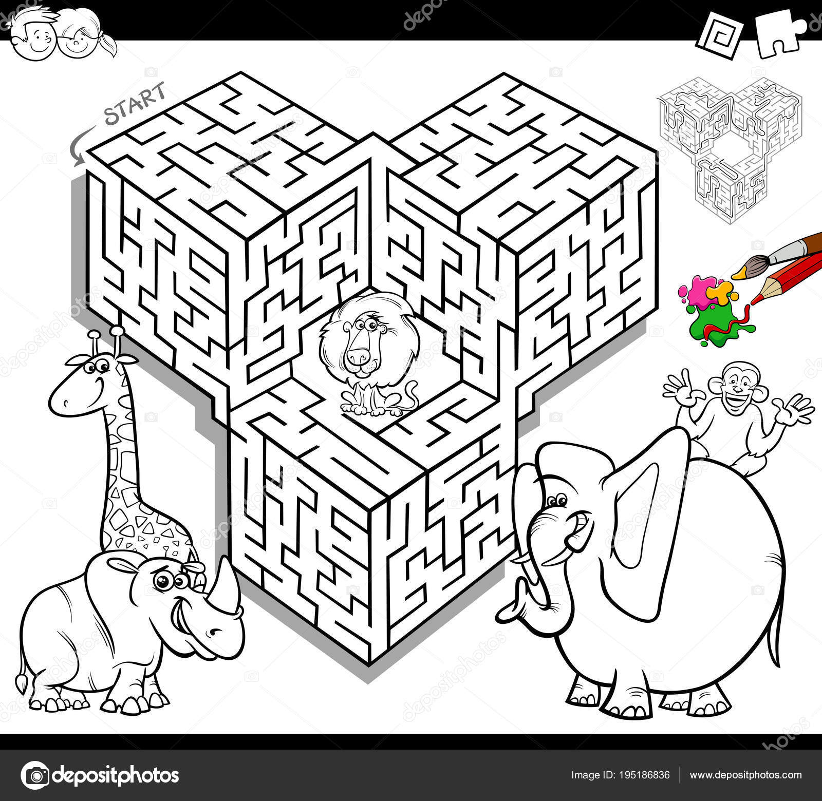 Maze coloring book with safari animals stock vector by izakowski