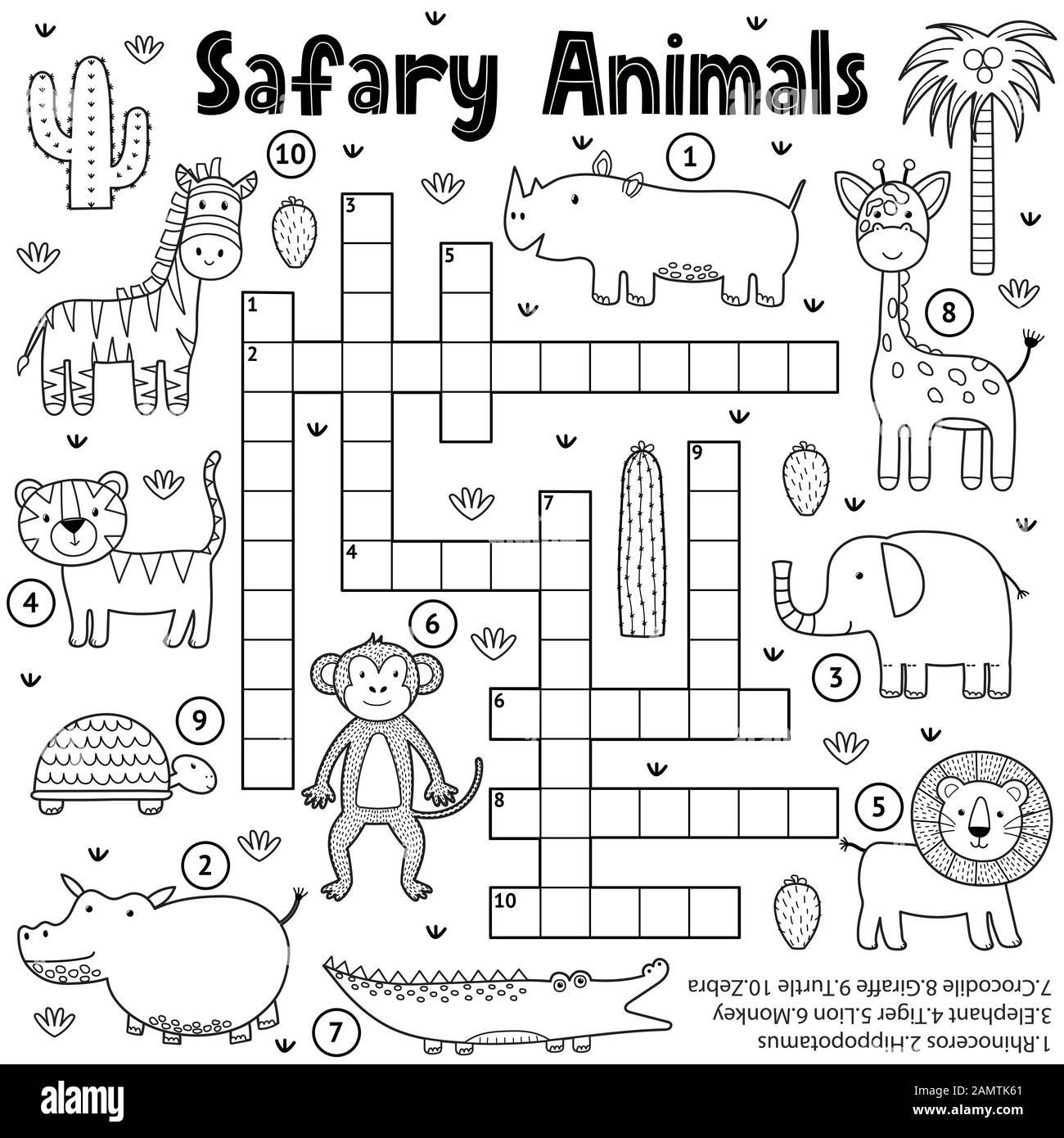 Black and white crossword game for kids with safari animals stock vector image art