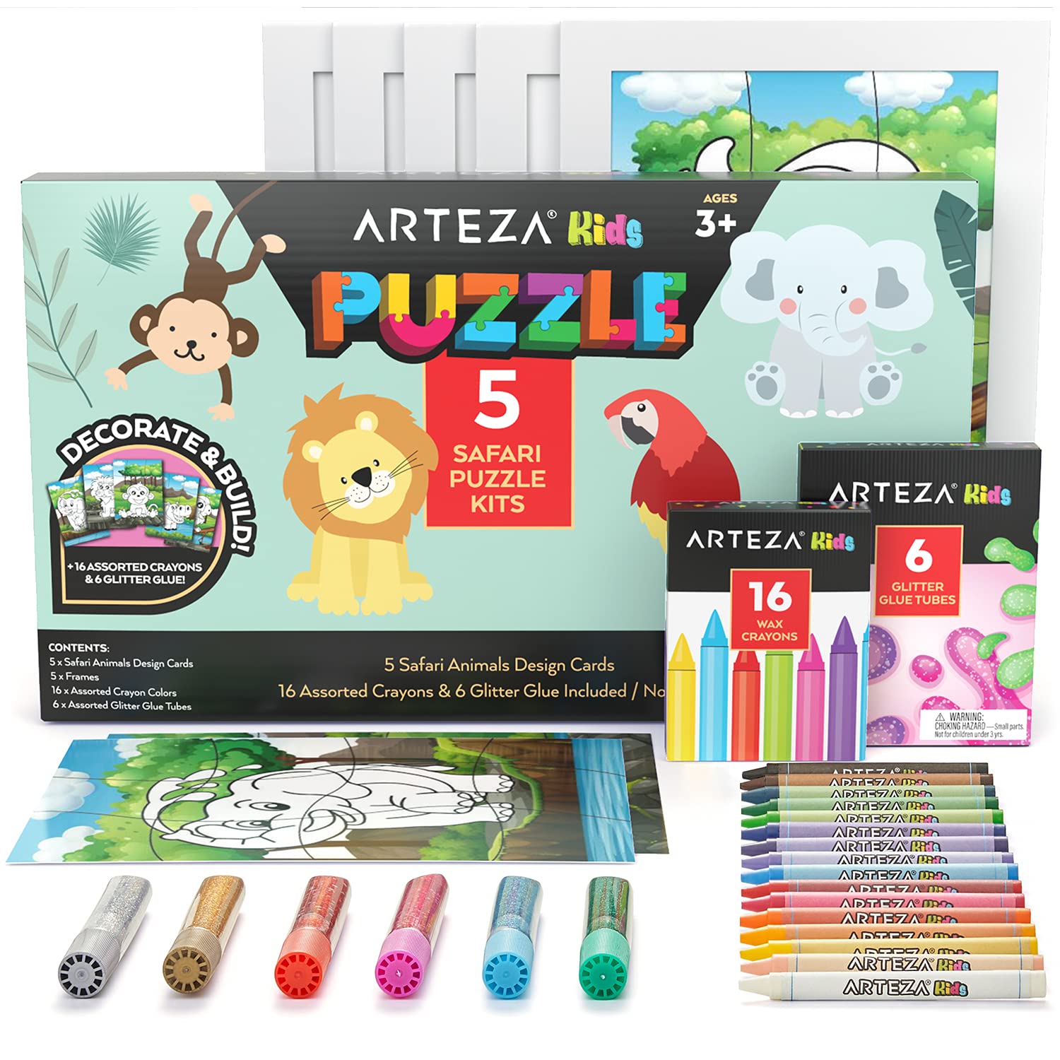 Arteza kids coloring kit safari jigsaw puzzles crayons tubes of glitter glue frames diy and screen