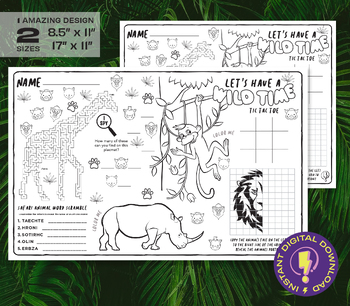 Printable jungle safari party placemat kids birthday puzzle coloring activity