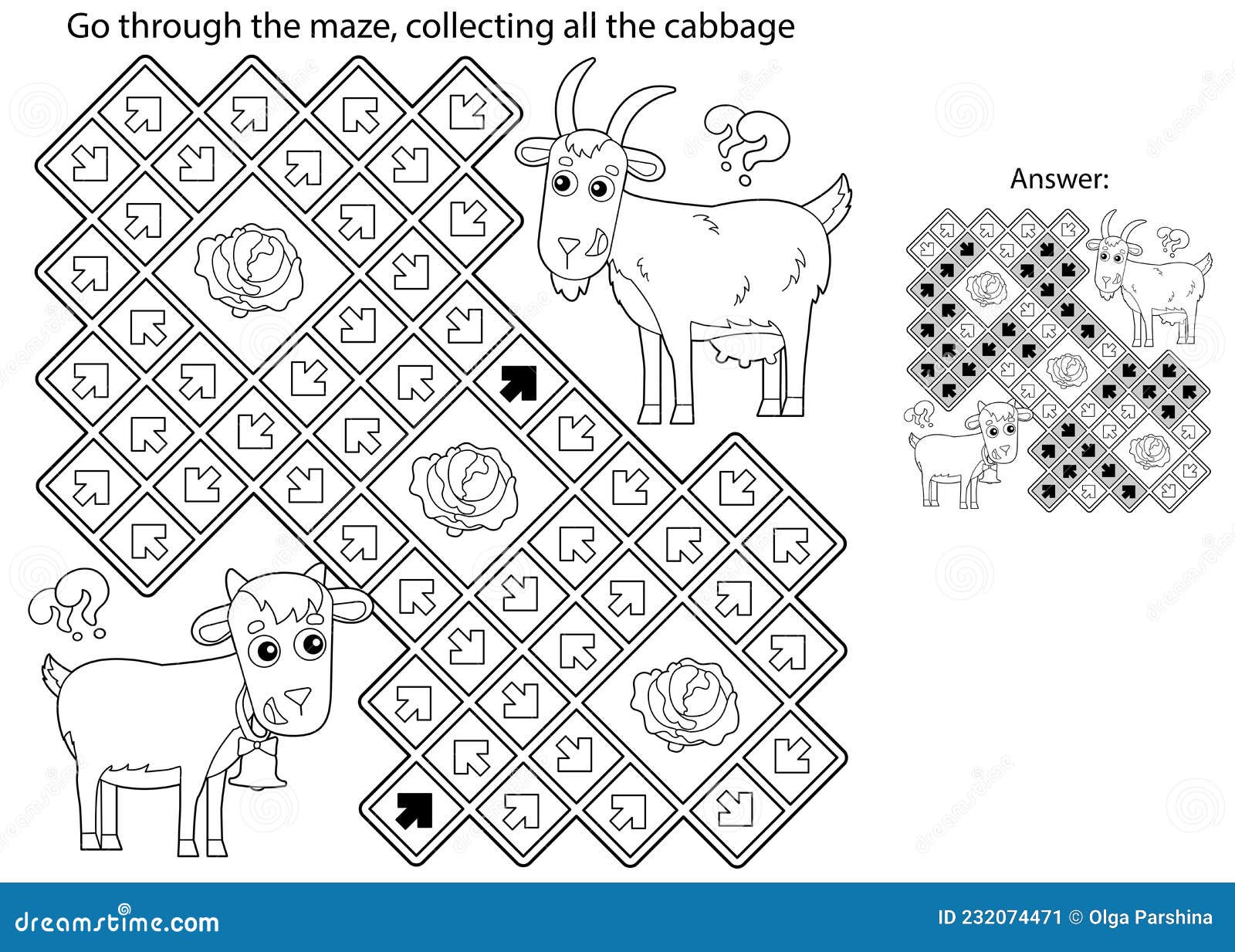 Maze or labyrinth game puzzle coloring page outline of cartoon goat with goatling or kid farm animals with their cubs stock vector