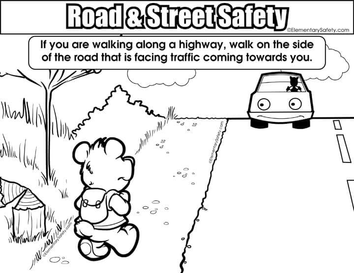 Bear walking in road and street safety coloring page