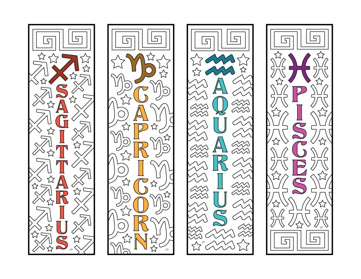 Zodiac bookmarks â sagittarius capricorn aquarius pisces â pdf zentangle coloring page â scribble stitch